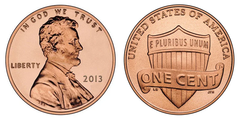 2013 Lincoln Shield penny obverse and reverse showing the Union Shield design