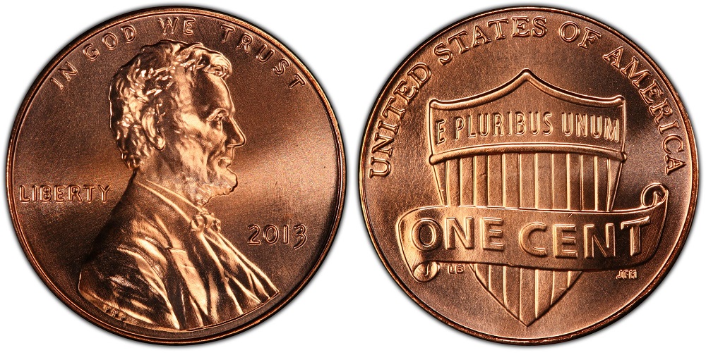 2013-D penny comparison: common circulated example left vs gem MS67+ specimen right with full red luster