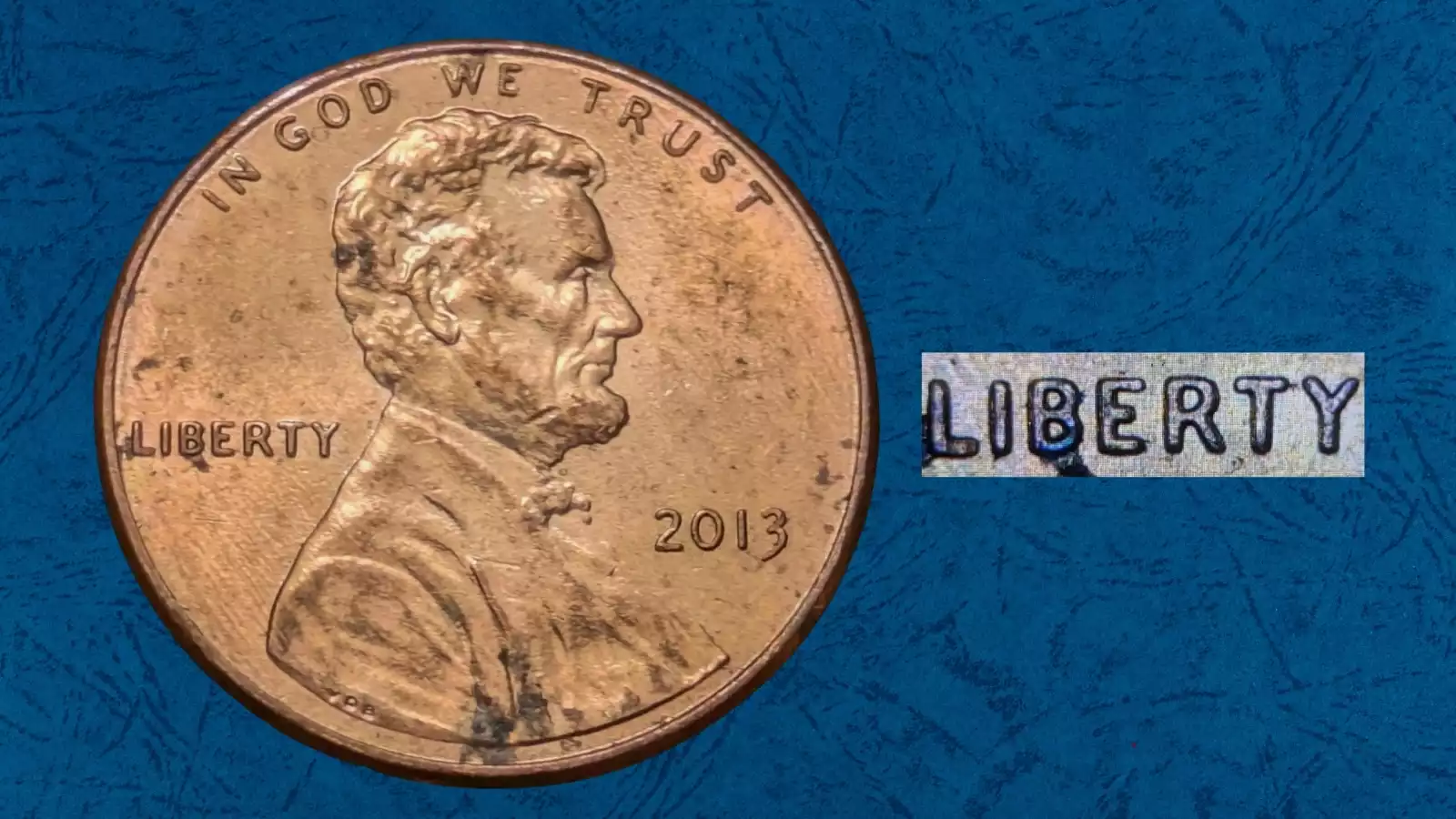 2013 penny doubled die obverse error showing doubling in Lincoln's portrait details and inscriptions